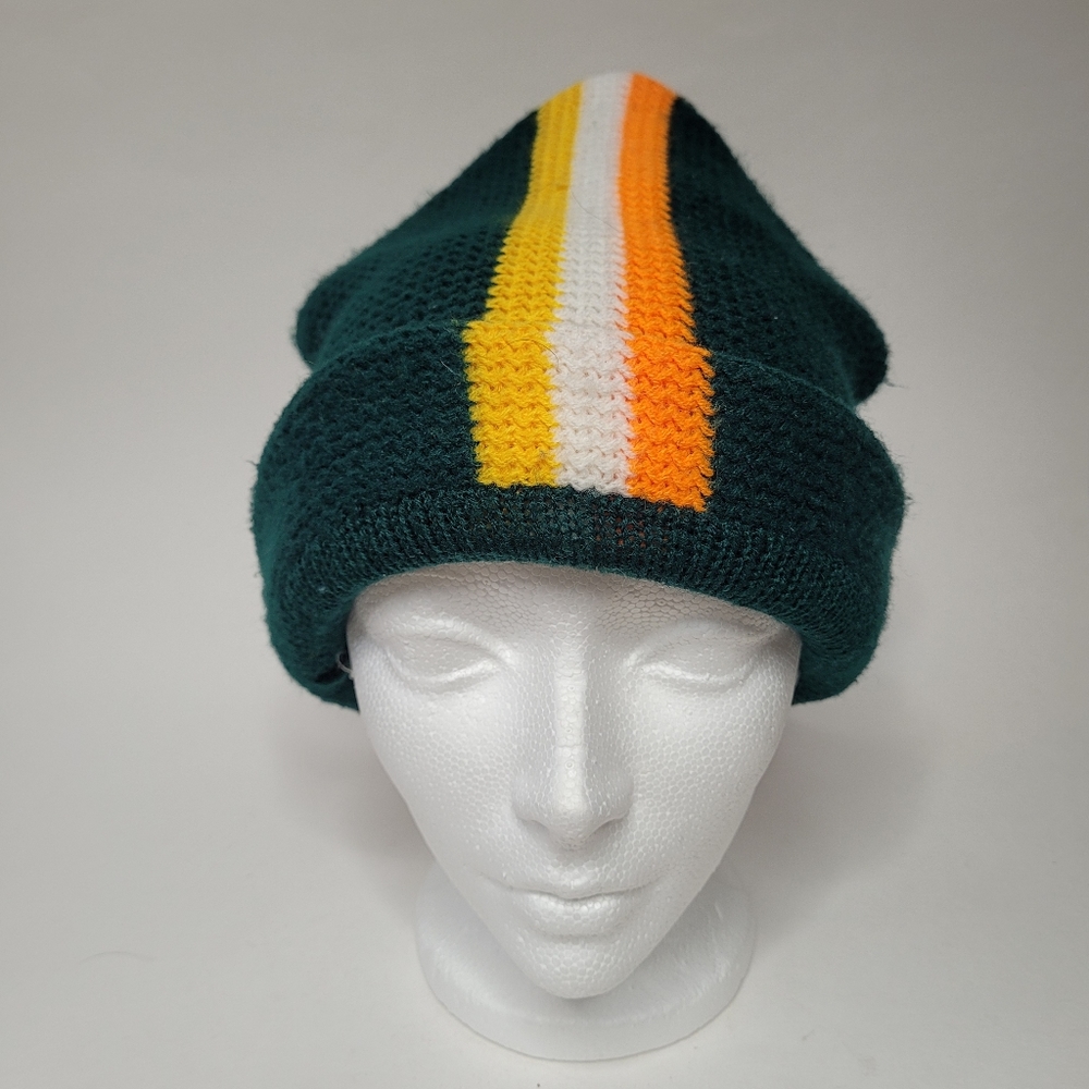 Vintage green and orange striped knit winter hat